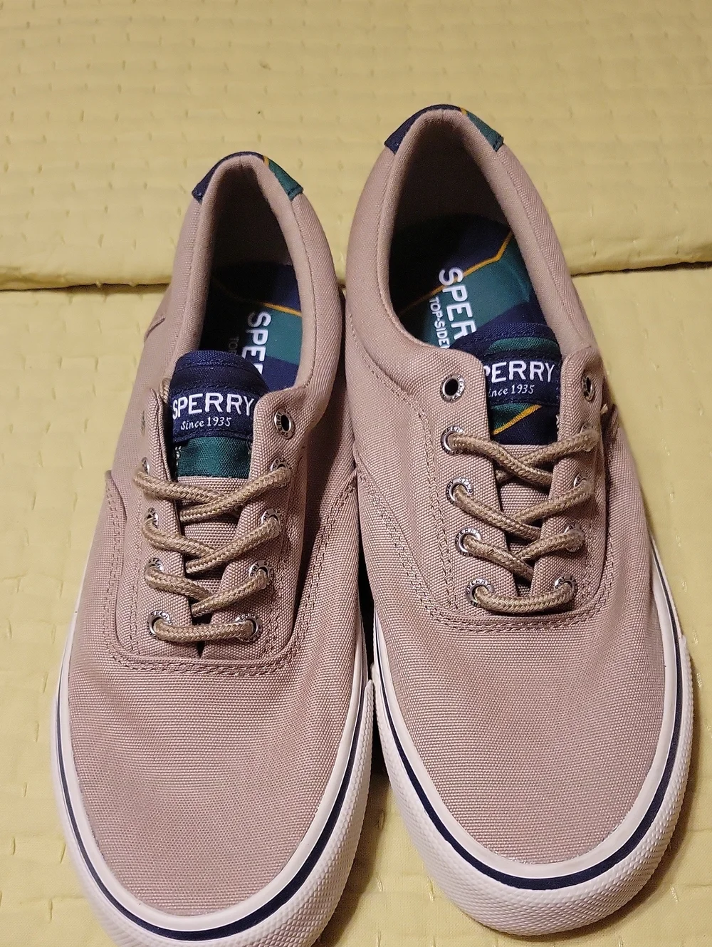 Sperry Men's Taupe Canvas Boat Shoes with Navy Accents